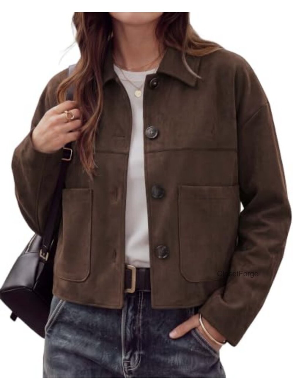Faux Suede Cropped Jacket Button Down Lapel Collar Casual Women